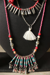 4 Layered Fabric, Beads and Metal Charms Long Necklace