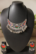 Load image into Gallery viewer, Green &amp; Red Enamel Painted Silver Finish Adjustable Length Afghani Choker Necklace Set
