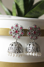 Load image into Gallery viewer, Fuchsia Glass Stones Embedded Jaali Pattern Premium Oxidised Finish Jhumka Earrings
