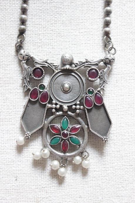 Flower Motifs Premium Oxidised Finish Glass Stones Embedded Cocktail Pendant Chain Necklace