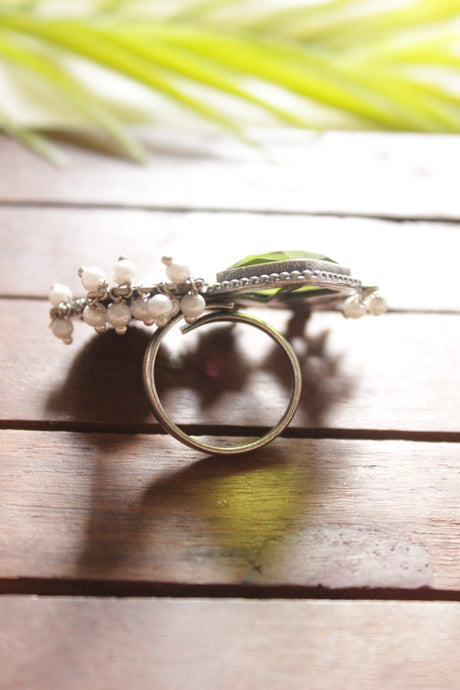 Square Green Center Stone Oxidised Silver Finish Abstract Motifs Statement Cocktail Adjustable Ring