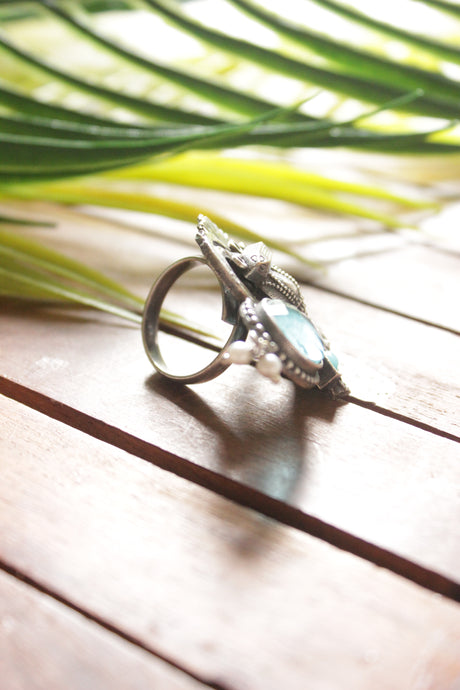 Turquoise Stone Oxidised Silver Finish Abstract Motifs Statement Cocktail Adjustable Ring