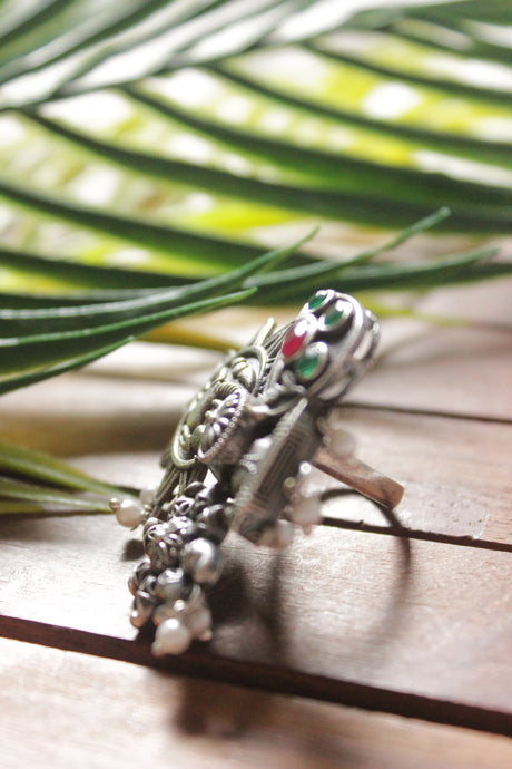 Oxidised Silver Finish Sun & Flowers Motifs Statement Cocktail Adjustable Ring