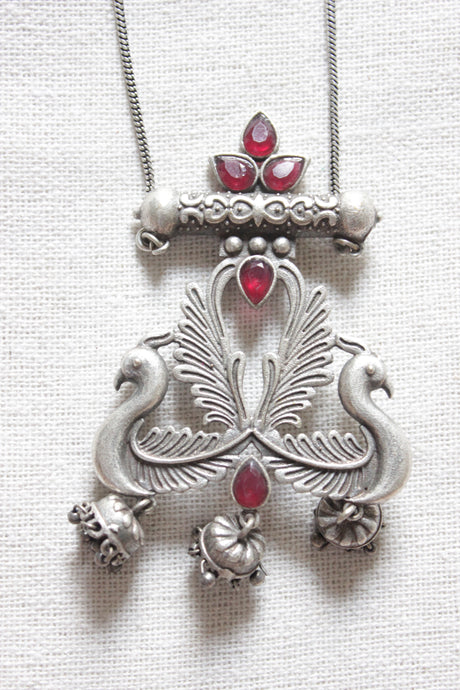 Peacock Motif Premium Oxidised Finish Fuchsia Stones Embdedded Cocktail Pendant Chain Necklace