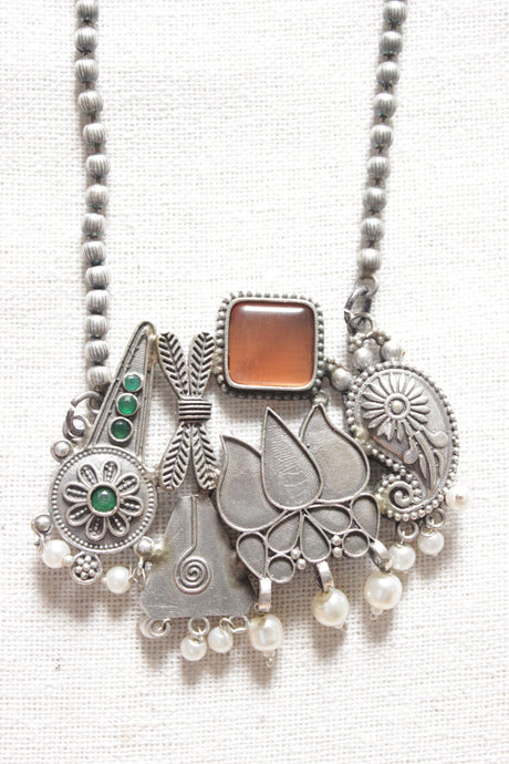 Lotus Motif Premium Oxidised Finish Cocktail Pendant Chain Necklace