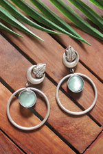 Load image into Gallery viewer, Turquoise Stone Embedded Oxidised Silver Finish Hoop Earrings
