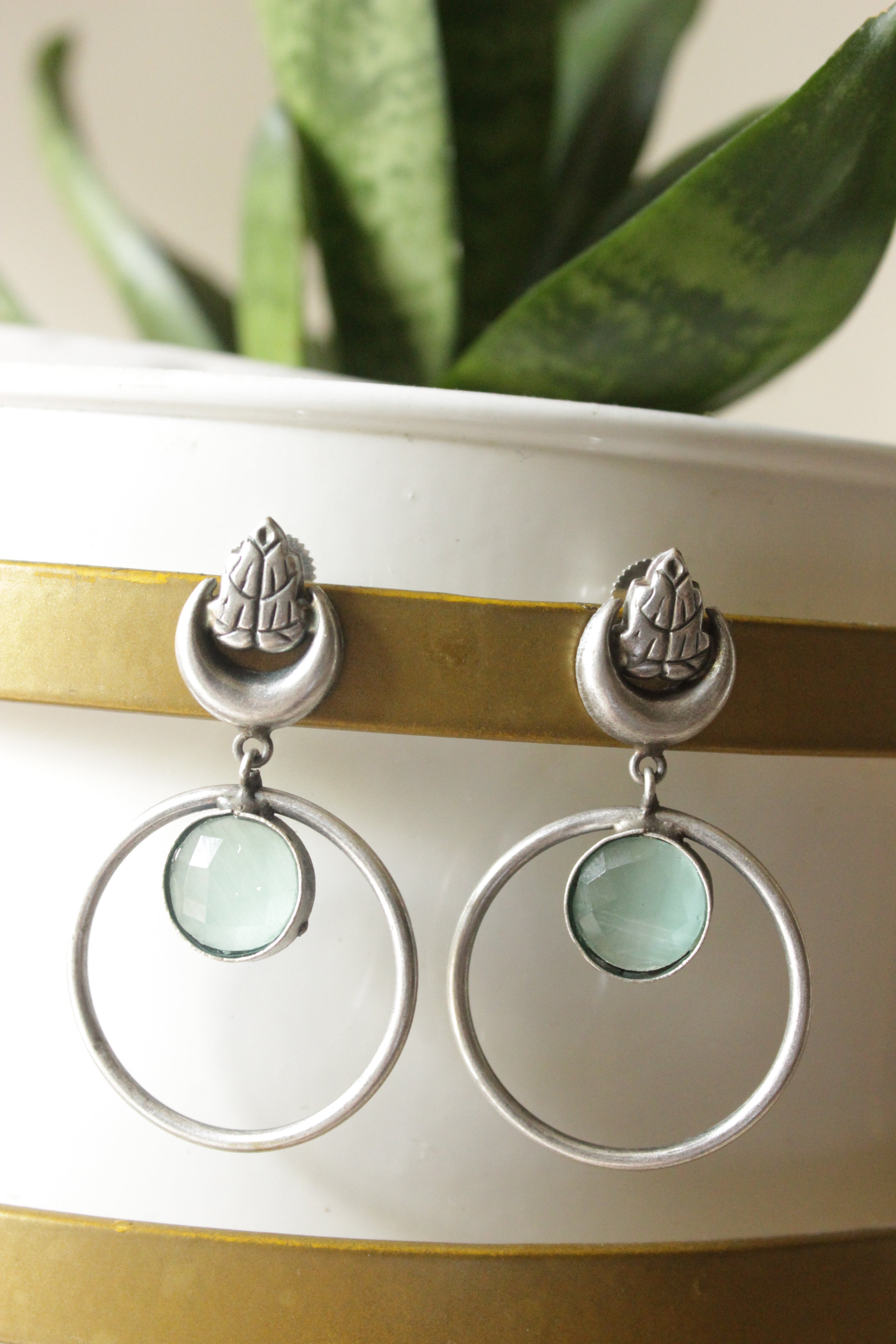 Turquoise Stone Embedded Oxidised Silver Finish Hoop Earrings