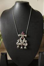Load image into Gallery viewer, Peacock Motif Premium Oxidised Finish Fuchsia Stones Embdedded Cocktail Pendant Chain Necklace
