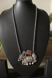 Lotus Motif Premium Oxidised Finish Cocktail Pendant Chain Necklace