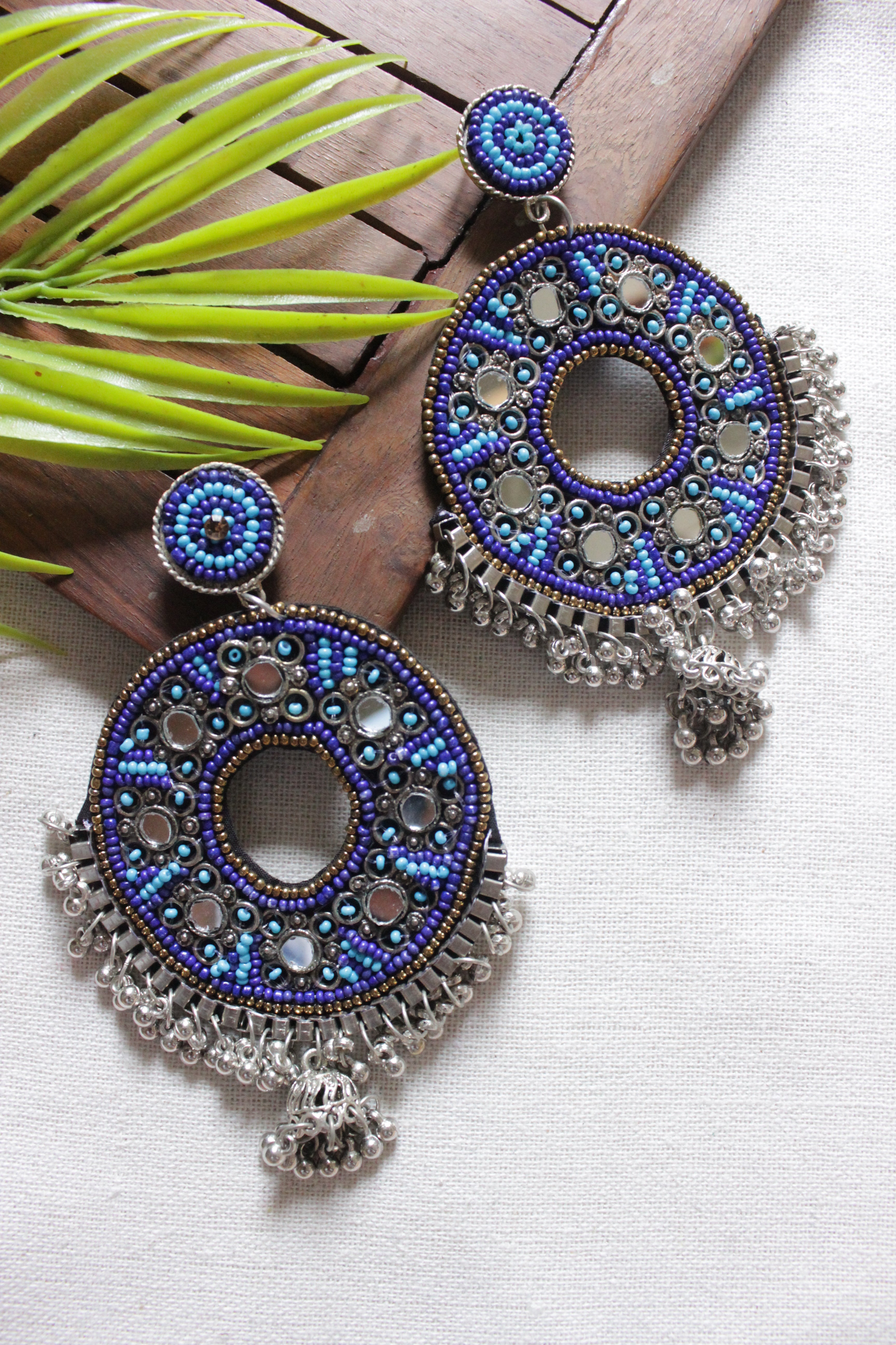 Shades of Blue Concentric Circles Beaded Metal Earrings
