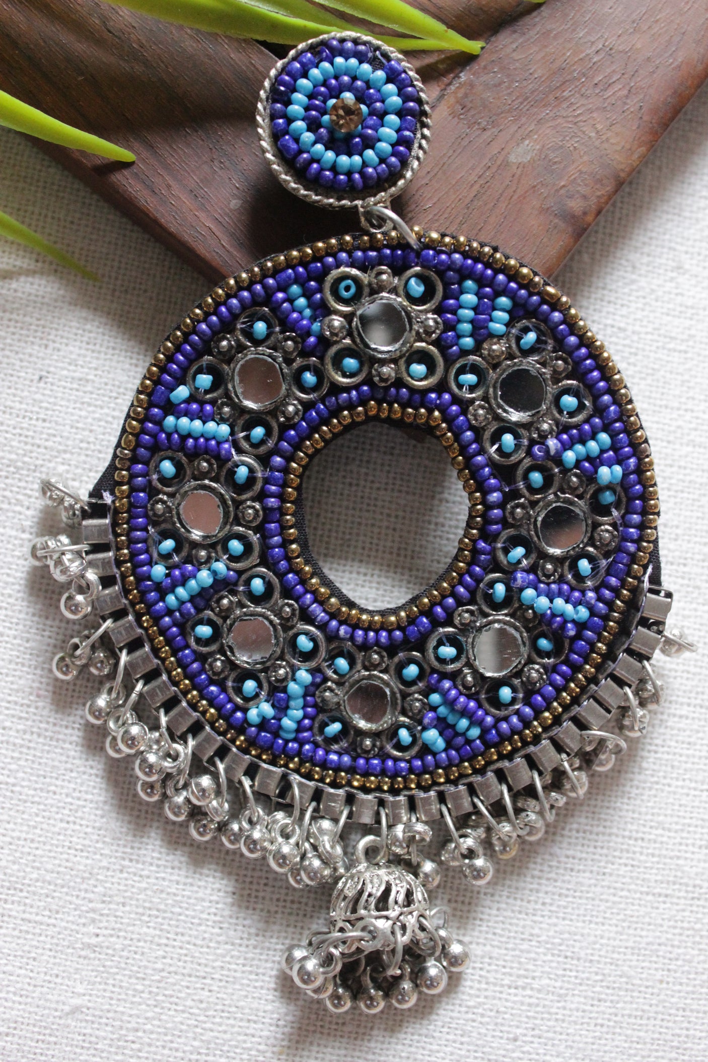 Shades of Blue Concentric Circles Beaded Metal Earrings