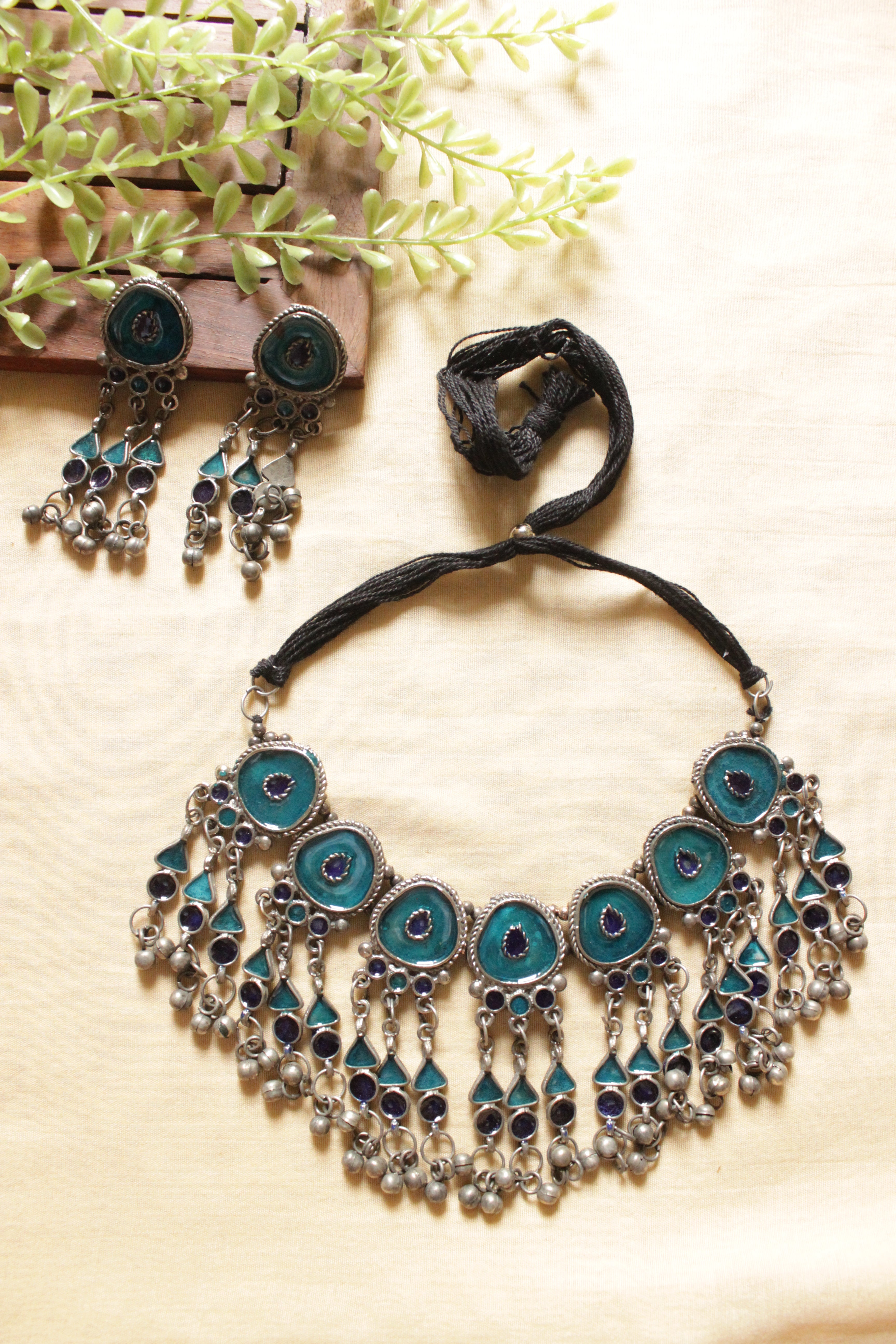 Sea Blue Enamel Painted Elaborate Afghani Choker Necklace Set with Adjustable Thread Closure