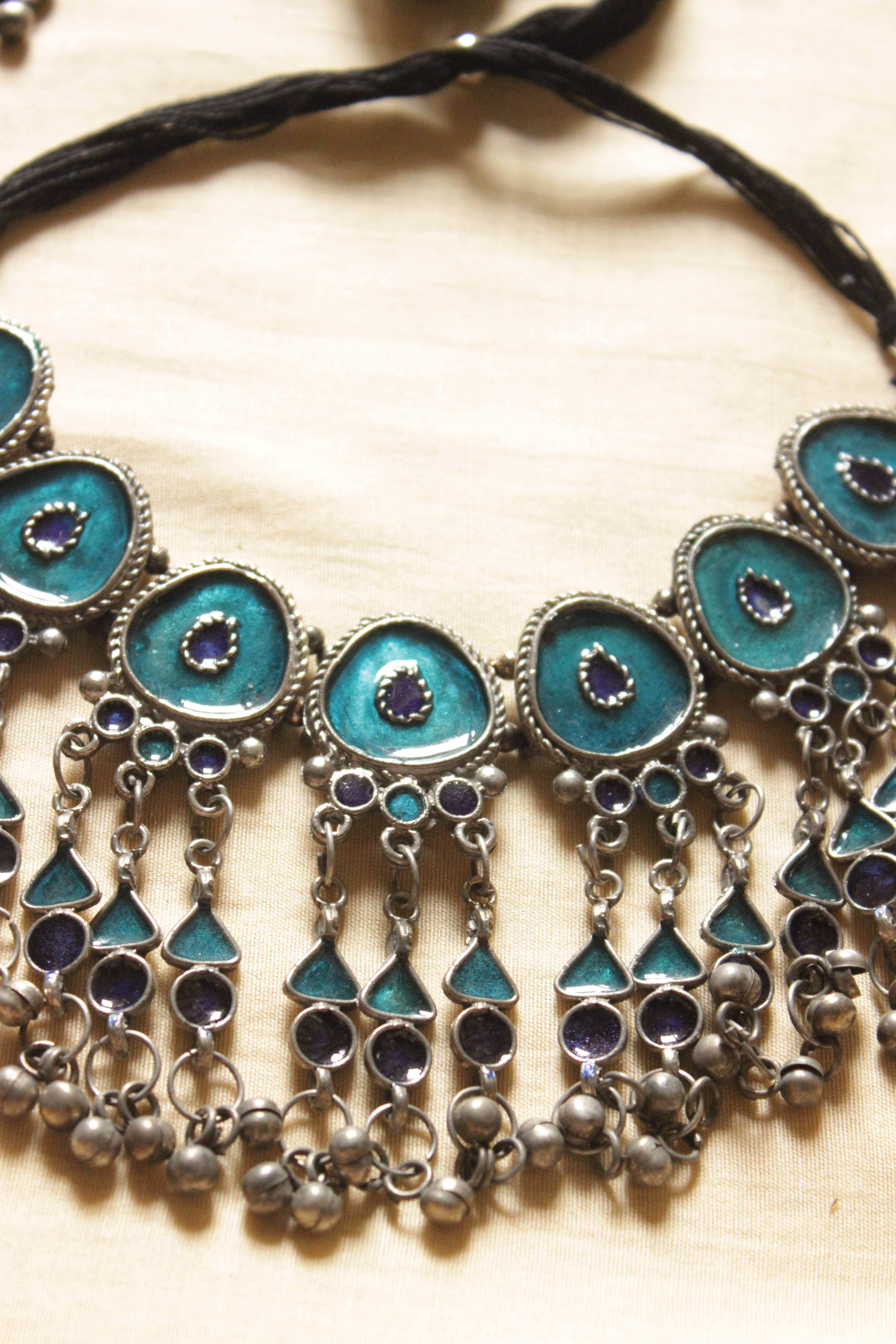 Sea Blue Enamel Painted Elaborate Afghani Choker Necklace Set with Adjustable Thread Closure