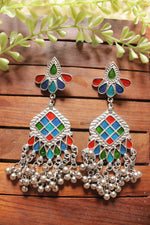 Load image into Gallery viewer, Red, Blue &amp; Green Enamel Painted Afghani Earrings with Metal Bead Charm Strings
