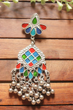 Load image into Gallery viewer, Red, Blue &amp; Green Enamel Painted Afghani Earrings with Metal Bead Charm Strings
