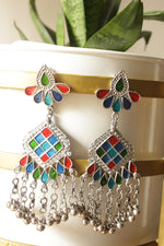 Load image into Gallery viewer, Red, Blue &amp; Green Enamel Painted Afghani Earrings with Metal Bead Charm Strings
