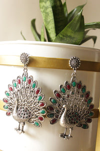 Red & Green Stones Embedded Intricately Detailed Peacock Statement Earrings