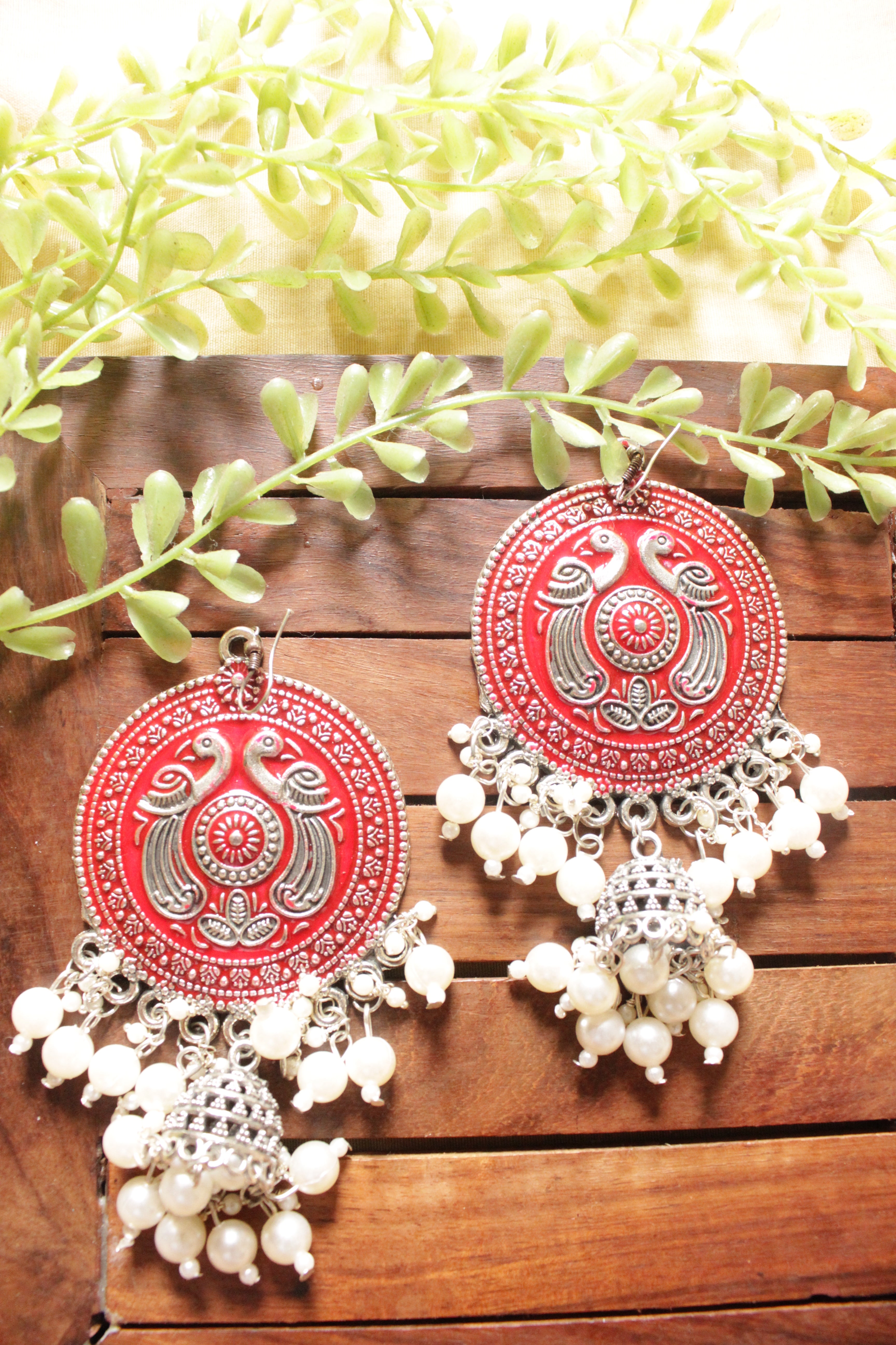 Red Enamel Painted Intricately Detailed Oxidised Finish Peacock Motif Jhumka Earrings