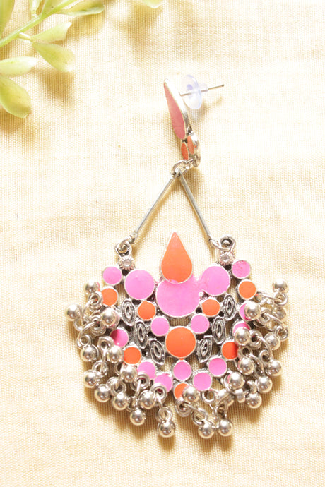 Pink & Orange Enamel Painted Afghani Earrings with Metal Bead Charms