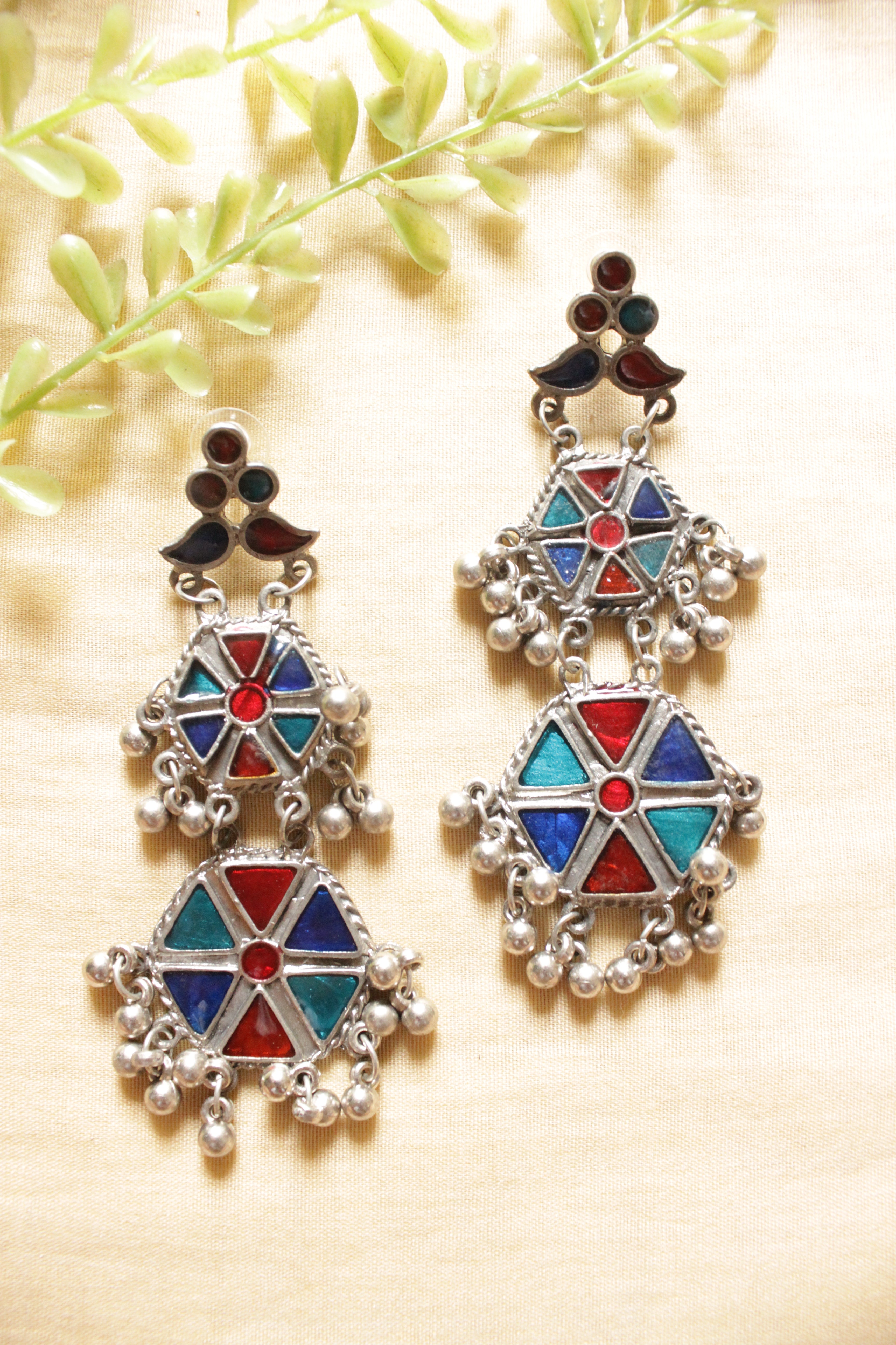 Red & Blue Hexagon Enamel Painted Afghani Earrings with Metal Bead Charms