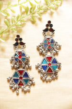 Load image into Gallery viewer, Red &amp; Blue Hexagon Enamel Painted Afghani Earrings with Metal Bead Charms

