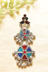 Red & Blue Hexagon Enamel Painted Afghani Earrings with Metal Bead Charms
