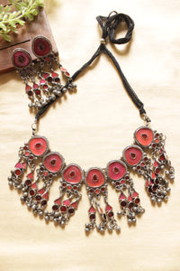 Pinkish Orange Enamel Painted Elaborate Afghani Choker Necklace Set with Adjustable Thread Closure