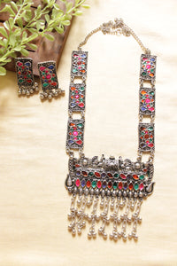 Multi-Color Glass Stones Embedded Oxidised Silver Finish Long Afghani Necklace Set