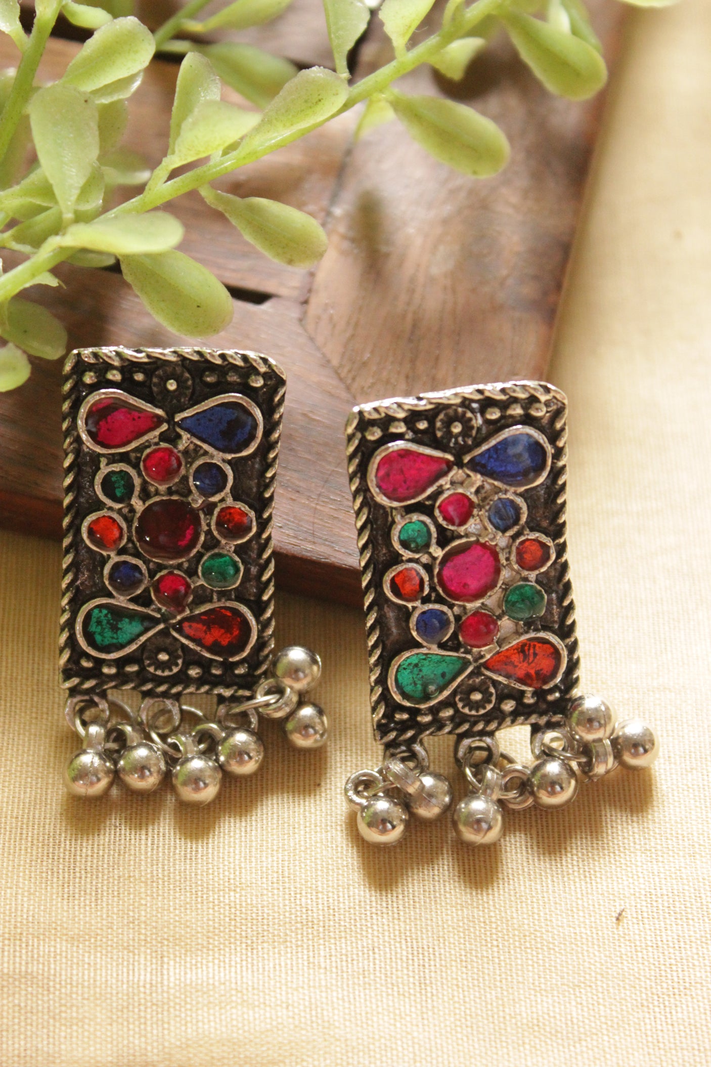 Multi-Color Glass Stones Embedded Oxidised Silver Finish Long Afghani Necklace Set