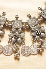 Flowers and Coins Silver Finish Elaborate Metal Choker Necklace Set with Adjustable Closure