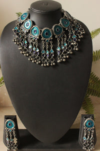 Sea Blue Enamel Painted Elaborate Afghani Choker Necklace Set with Adjustable Thread Closure