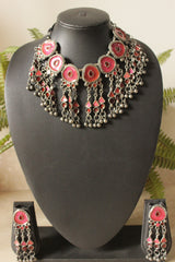 Pinkish Orange Enamel Painted Elaborate Afghani Choker Necklace Set with Adjustable Thread Closure