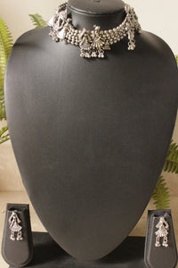 Doli & Baraat Oxidised Silver Adjustable Length Choker Necklace Set with Stud Earrings