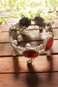 Red Glass Stones Embedded Silver Finish Adjustable Bracelet/Kada