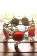 Load image into Gallery viewer, Red Glass Stones Embedded Silver Finish Adjustable Bracelet/Kada
