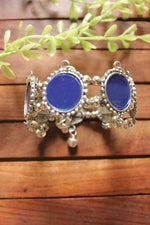 Load image into Gallery viewer, Blue Glass Stones Embedded Silver Finish Adjustable Afghani Bracelet/Kada
