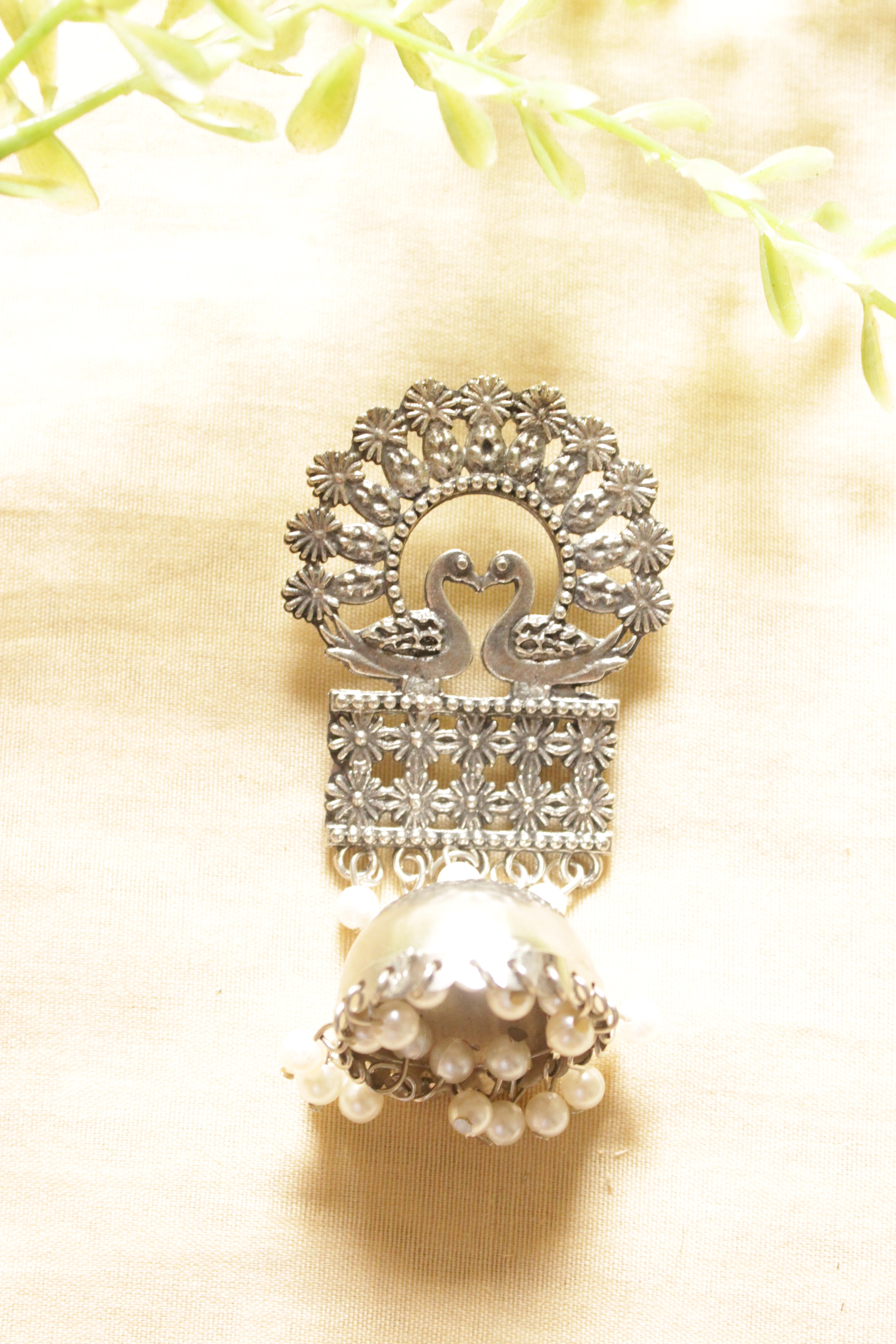 Bird & Flower Motifs Oxidised Finish Jhumka Earrings