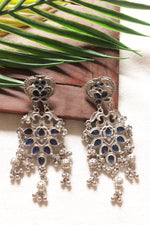 Load image into Gallery viewer, Violet Glass Stones Embedded Silver Finish Elaborate Festive Metal Earrings
