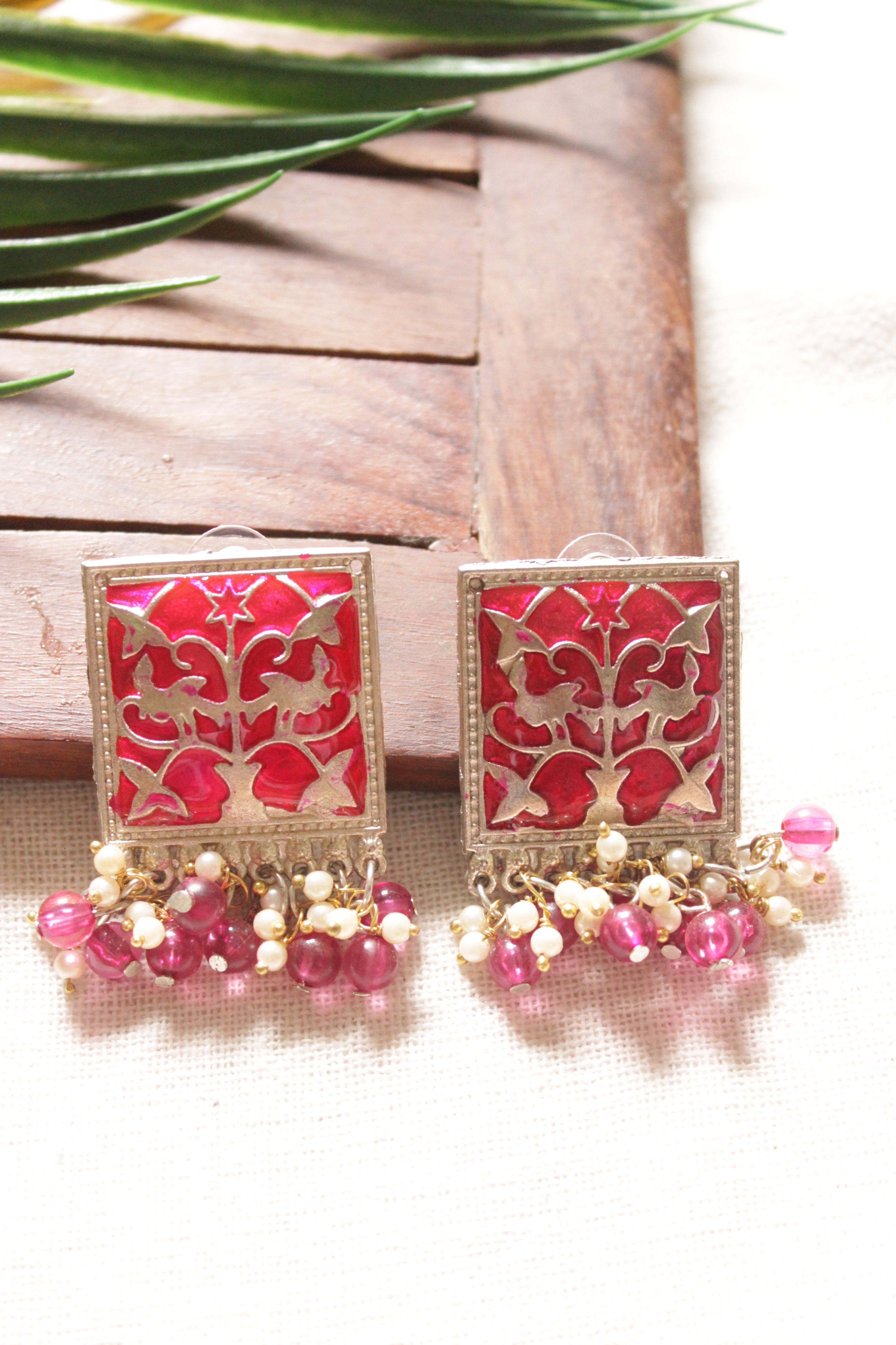 Flower Motifs Enamel Painted Square Shaped Fuchsia Metal Stud Earrings