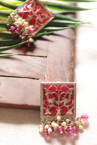 Flower Motifs Enamel Painted Square Shaped Fuchsia Metal Stud Earrings