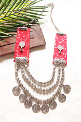Red Tie and Dye Fabric 3 Layer Metal Necklace with Stamped Metal Coins
