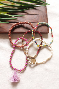 Set of 5 Multi-Color Acrylic Beads, Fabric Threads and Metal Charms Bracelets