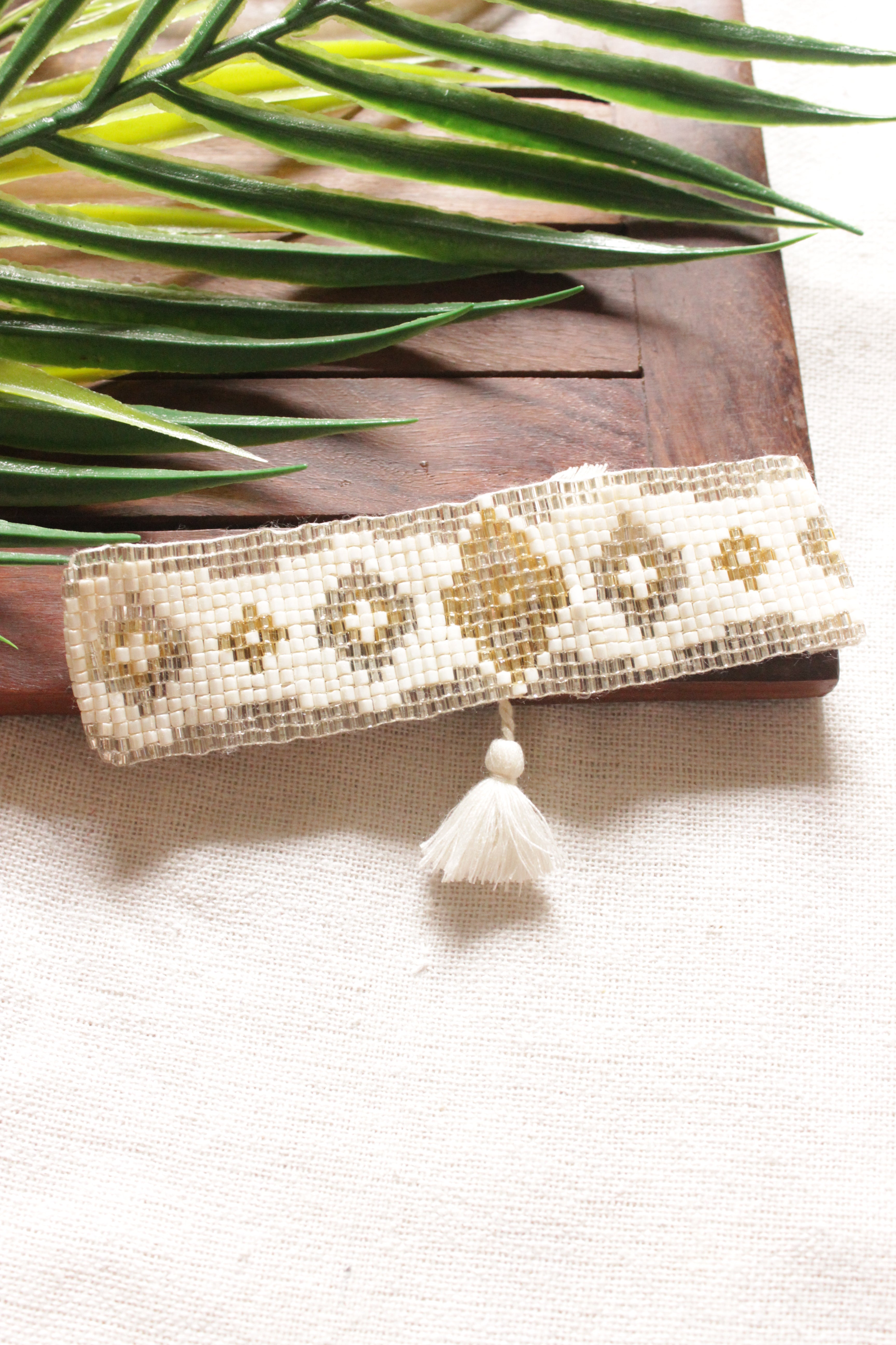 Elegant White and Grey with Gold Toned Beads Handmade Bracelet