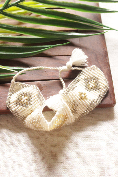 Elegant White and Grey with Gold Toned Beads Handmade Bracelet