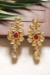 Gold Toned Kundan Stones Festive Earrings with Red Center Stone
