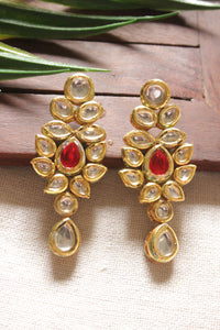 Gold Toned Kundan Stones Festive Earrings with Red Center Stone