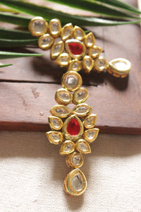 Gold Toned Kundan Stones Festive Earrings with Red Center Stone