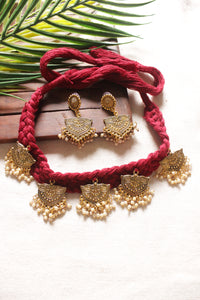 Antique Gold Finish Metal Charms Braided in Red Fabric Threads Handmade Necklace Set