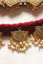 Load image into Gallery viewer, Antique Gold Finish Metal Charms Braided in Red Fabric Threads Handmade Necklace Set
