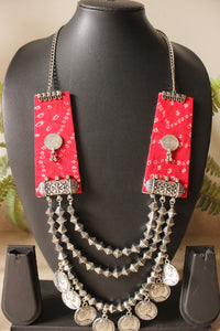 Fuchsia Tie and Dye Fabric 3 Layer Metal Necklace with Stamped Metal Coins